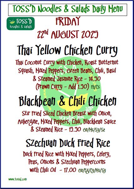 FRIDAY: 22/08/2025
CALL &amp; COLLECT - Call 018291607
.
.
.
#tossd #lunchdublin #noodles #ramen #lunch #chqdublin #lovindublin #restaurants #food #LunchTime #eat #fresh #thaifood #vegetarian #vegan #lunchbreak #lunchspecial #lunchmenu #asianeats #asianfood #thai #dublinfoodie