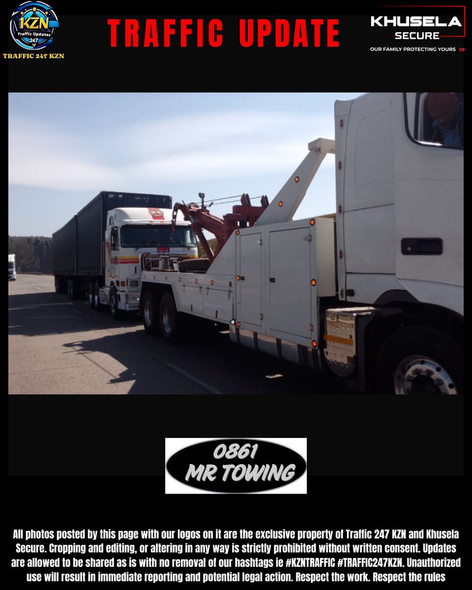 Time - 12:03
Date - 22 August 2025

Scene Update - Truck Obstruction on N3 Southbound before Hilton offramp will be cleared shortly by Mr Towing

#KZNTRAFFIC #TRAFFIC247KZN