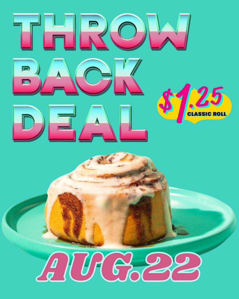 BrowardMall's tweet photo. It’s a sweet throwback! 🎉✨ On August 22, enjoy a Classic Roll for just $1.25 at Cinnabon – Broward Mall. Don’t miss this one-day-only deal! 🍩💸 #ThrowbackDeal #CinnabonLove https://t.co/gO3kxEkt10