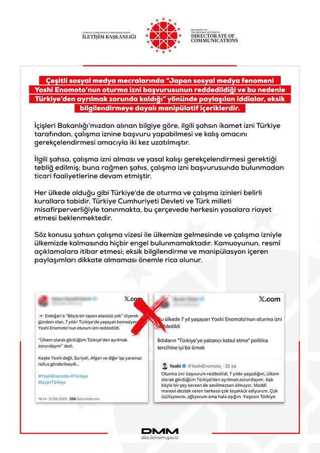 <a href="/YoshiEnomoto_/">Yoshi</a> Yavsk Fosil yalan algı yapmaya utanmıyormusun

Çeşitli sosyal medya mecralarında “Japon sosyal medya fenomeni Yoshi Enomoto’nun oturma izni başvurusunun reddedildiği ve bu nedenle Türkiye’den ayrılmak zorunda kaldığı” yönünde paylaşılan iddialar, eksik bilgilendirmeye dayalı