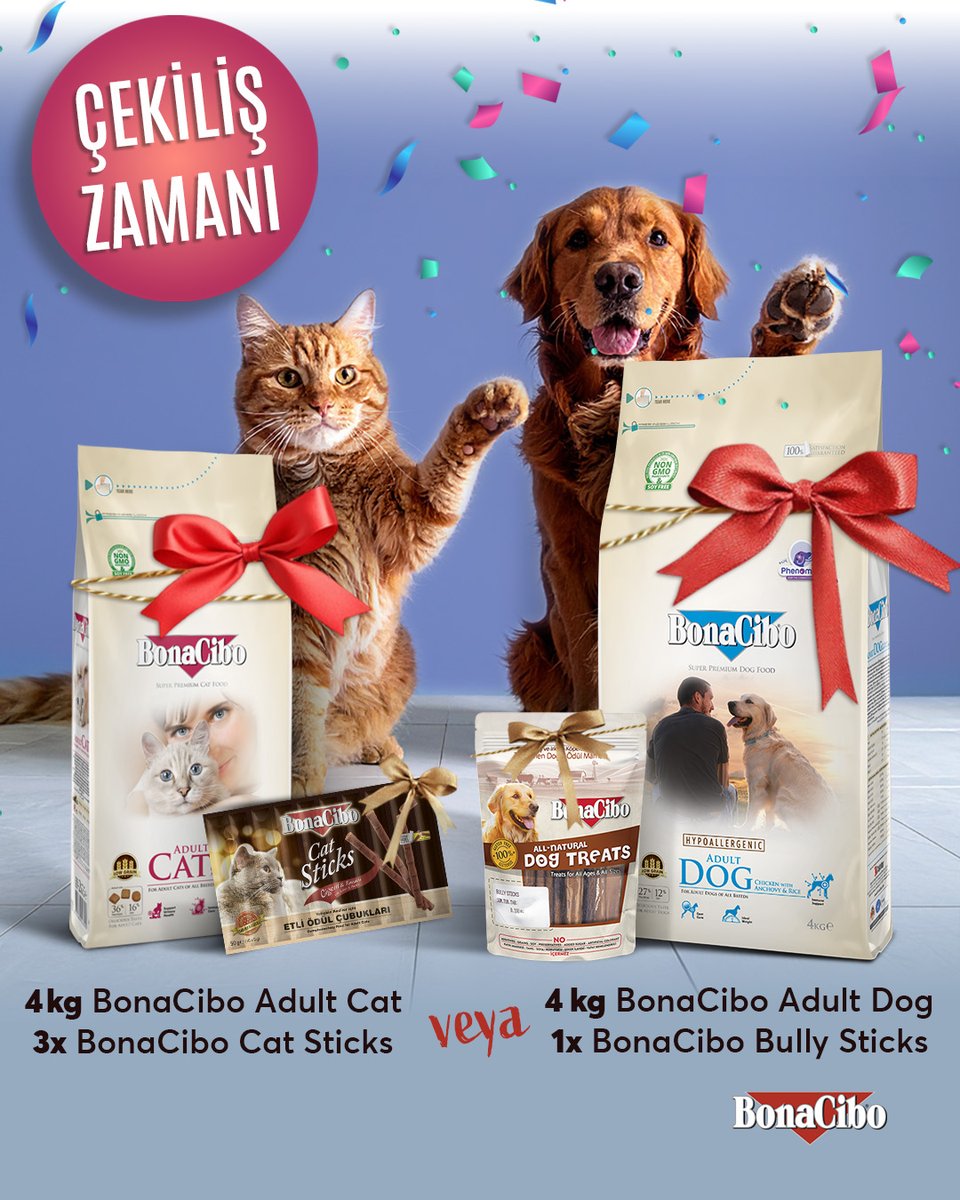 Çekilişimiz Başladı! 🎁

Sayfamızı takip et ✅
Bu tweeti beğen, retweetle 👍
Bir arkadaşını yoruma etiketle 💬⁠

5 Takipçimize: 4 kg #BonaCiboAdultCat + 3 x BonaCibo Cat Sticks veya 4 kg #BonaCiboAdultDog + 1 x BonaCibo Bully Sticks

Sonuçlar 25 Ağustos'ta açıklanacaktır. 😻