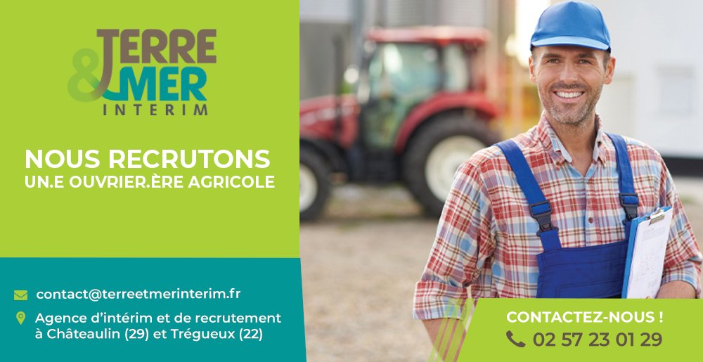 URGENT !! 
📢 OFFRE D'EMPLOI
Nous recrutons un #OUVRIER #AGRICOLE - CHARGEUR DE LIGNE (H/F) à #PORDIC (22)
 
Contactez-nous au 02 57 23 01 29 et envoyez votre CV à contact@terreetmerinterim.fr  ou annonces-interim.bzh/terre--mer-int…
 
 À bientôt ! 😉
#Recrutement #Agriculture #offredemploi