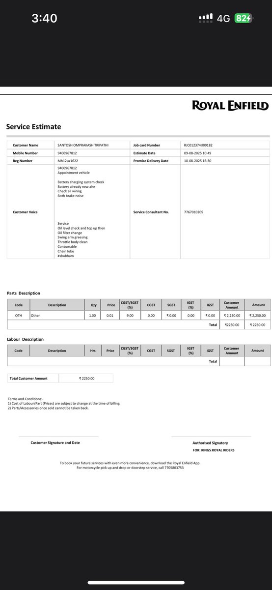 imshivam38's tweet photo. @royalenfield 
I have given my vehicle on 9/8/2025 to the service centre. Its been 13 days since i am yet to get update from the service center. Advisor is telling that parts have been ordered but not telling the estimate date of delivery. 
Kindly look into the concern. https://t.co/lBM2ujgODY