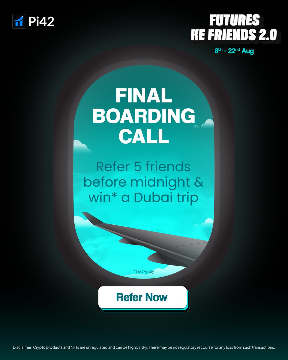 Pi42 (@pi42exchange) on Twitter photo 🚀 Dreams take flight tonight! 
Refer 5 friends & claim your shot at a Dubai getaway 🌃🐫
😍 Participate now: pi42.com/refer 
T&Cs apply: pi42.com/blog/refer-and… 
#futureskefriends #crypto #refer 🚀 Dreams take flight tonight! 
Refer 5 friends & claim your shot at a Dubai getaway 🌃🐫
😍 Participate now: pi42.com/refer 
T&Cs apply: pi42.com/blog/refer-and… 
#futureskefriends #crypto #refer