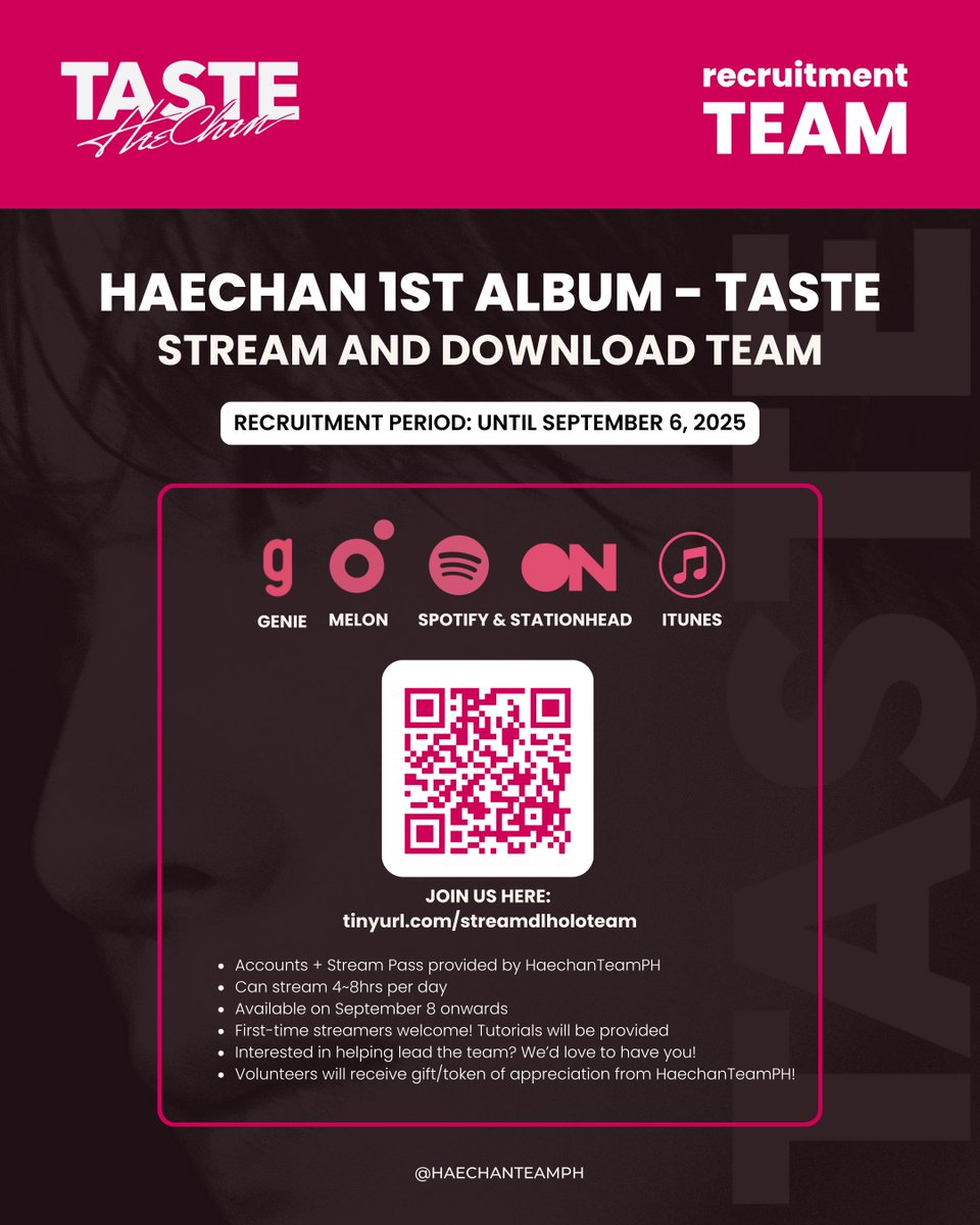 HaechanTeamPH's tweet photo. [TEAM RECRUITMENT] Haechan 1st Solo - TASTE

Hi SFS~ We are looking for volunteers who can help us:
1. Download on iTUnes (PH)
2. Stream on Spotify, Genie and Melon!

Join us here:
👉 https://t.co/4ZfAky4LsI

#HAECHAN #해찬 
#TASTE #HAECHAN_TASTE https://t.co/ECJMLORSrU