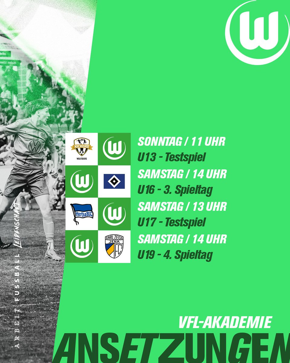Unsere #U13 und #U17 stehen vor Testspielen, während sich unsere #U16 und #U19 Pflichtaufgaben stellen müssen. ⚽️

#VfLWolfsburg #VfLWolfsburgAkademie #Jungwölfe