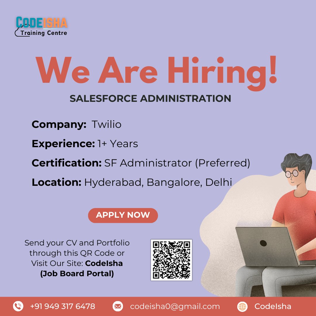 shivayadav2322's tweet image. Twilio is looking for a talented Salesforce Administrator!

📌 Experience Required: 1+ years

Be a part of a fast-growing global company and boost your Salesforce expertise.

🔥 Seize this opportunity and join Twilio to take your career to the next level!

#CodeIshaTrainingCentre…
