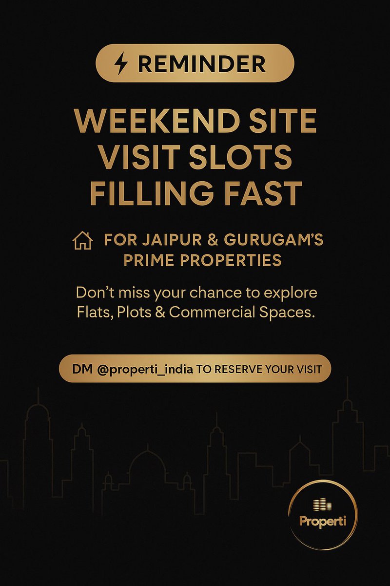 Properti_India's tweet photo. ⚡ Weekend site visit slots are filling fast!
🏢 Flats | 🏡 Plots | 🏬 Commercial
📍 Jaipur &amp; Gurugram prime properties
📩 DM @properti_india to reserve your visit today.
#PropertiIndia #WeekendSiteVisits #Jaipur #Gurugram https://t.co/aWy3fNa6y0