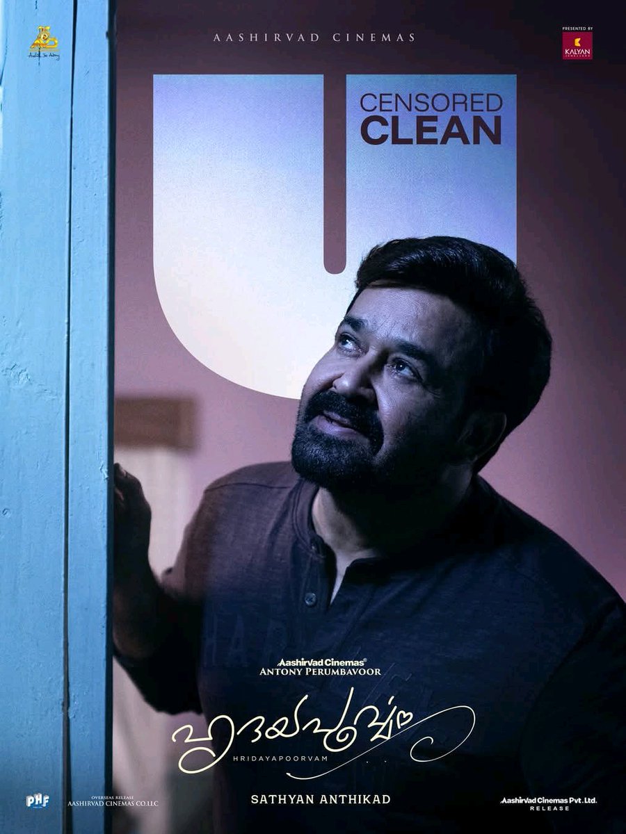 #Hridayapoorvam clean U.

Mohanlal - Sathyan Anthikadu - Aashirvad Cinemas presents with Love.. for this Onam..

Trailer &amp; one more song release in planning. Advance booking opening soon.