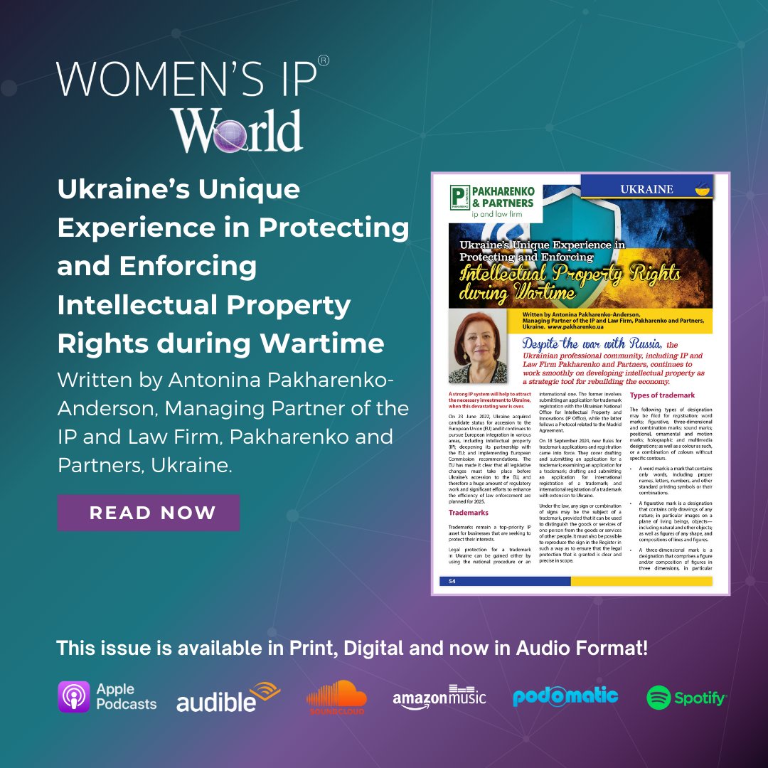 🌏IP💡Media📰PR📣& Marketing🎯 (@ip_matrix) on Twitter photo Protecting innovation amid adversity.
In <a href="/WomensIPWorld1/">Women's ♀️ IP💡World 🌏</a>, Antonina Pakharenko-Anderson of Pakharenko & Partners, Ukraine, shares how wartime reforms strengthen trademarks, expand multimedia marks, drive digitisation, & align with EU standards.
Blog: rfr.bz/le64008
#iplaw Protecting innovation amid adversity.
In <a href="/WomensIPWorld1/">Women's ♀️ IP💡World 🌏</a>, Antonina Pakharenko-Anderson of Pakharenko & Partners, Ukraine, shares how wartime reforms strengthen trademarks, expand multimedia marks, drive digitisation, & align with EU standards.
Blog: rfr.bz/le64008
#iplaw