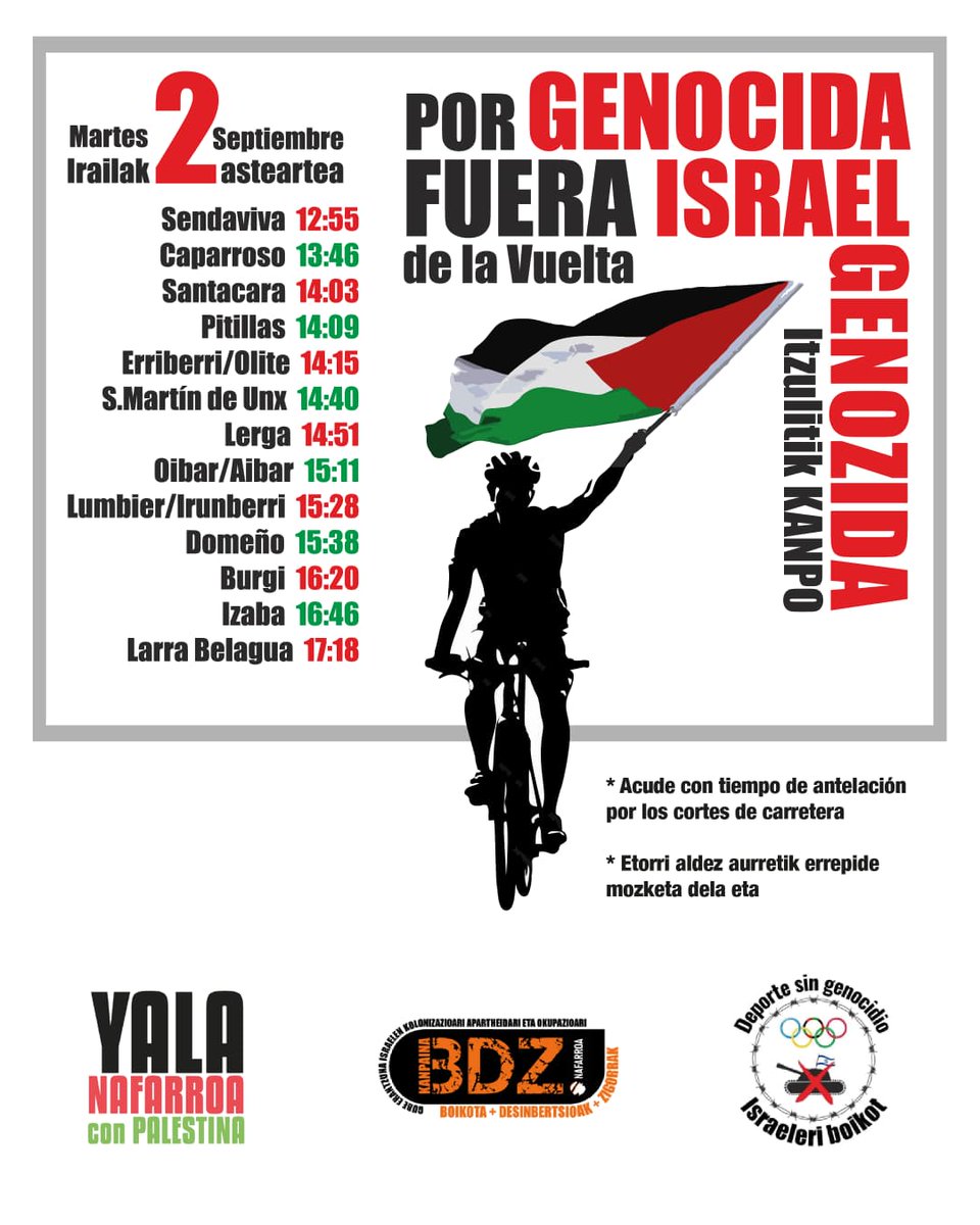yala_nafarroa's tweet photo. Campaña "#DeporteSinGenocidio" - #FueraIsraelDeLaVuelta en la prensa.
Llamativamente la campaña que co-promovemos para la no participación de "Israel Premier Tech" en La Vuelta Ciclista a España apenas se ha reflejado en la mayoría de medios de Navarra, hasta el momento. Adjuntamos en este hilo las repercusiones en prensa, conforme aparezcan. Agradecemos a los medios que se van haciendo eco de la misma. https://t.co/QhhI1FLvlT
🧵🗞️🧵🗞️🧵🗞️