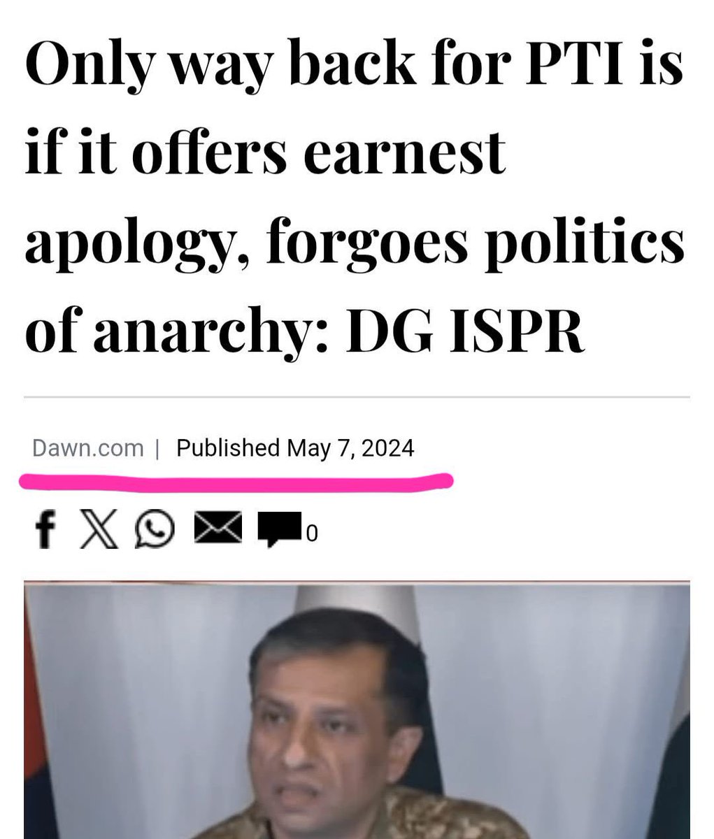 JunaidKailash2's tweet photo. "DG ISPR rejects Suhail Warraich’s column about Gen Asim demanding apology from Imran Khan. But per Dawn’s 2024 report, the same DG ISPR said PTI can return only after an 'earnest apology.' So who is lying now? You can’t erase your own words. #EstablishmentExposed #May9Drama" https://t.co/tUusqD0FF2
