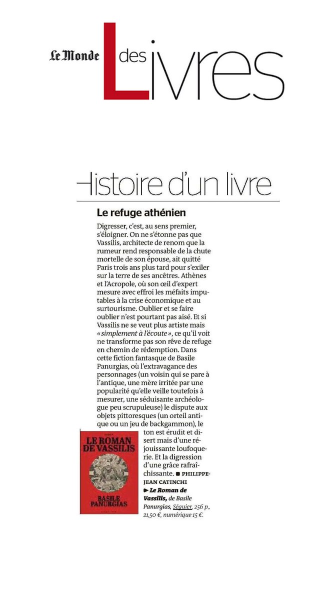 #Vendredilecture

"Le ton est érudit et disert, mais d'une réjouissante loufoquerie. Et la digression d'une grâce rafraîchissante."

𝗟𝗲 𝗥𝗼𝗺𝗮𝗻 𝗱𝗲 𝗩𝗮𝘀𝘀𝗶𝗹𝗶𝘀 (📖👉bit.ly/3UDyiuT) par Basile Panurgias dans <a href="/lemondefr/">Le Monde</a>  :