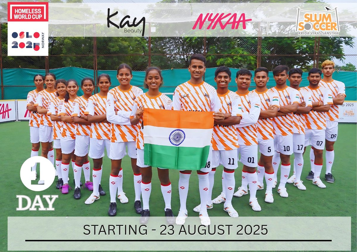 slumsoccer's tweet photo. Only 1๏ธโฃ day left before the world witnesses football that #changeslives
Team India ๐ฎ๐ณ steps onto the global stage tomorrow at #oslo2025homelessworldcup, carrying stories of resilience, courage & hope.
Letโs send them our strength & cheer together! @homelesswrldcup
@nykaa https://t.co/n4IRlZfnBV