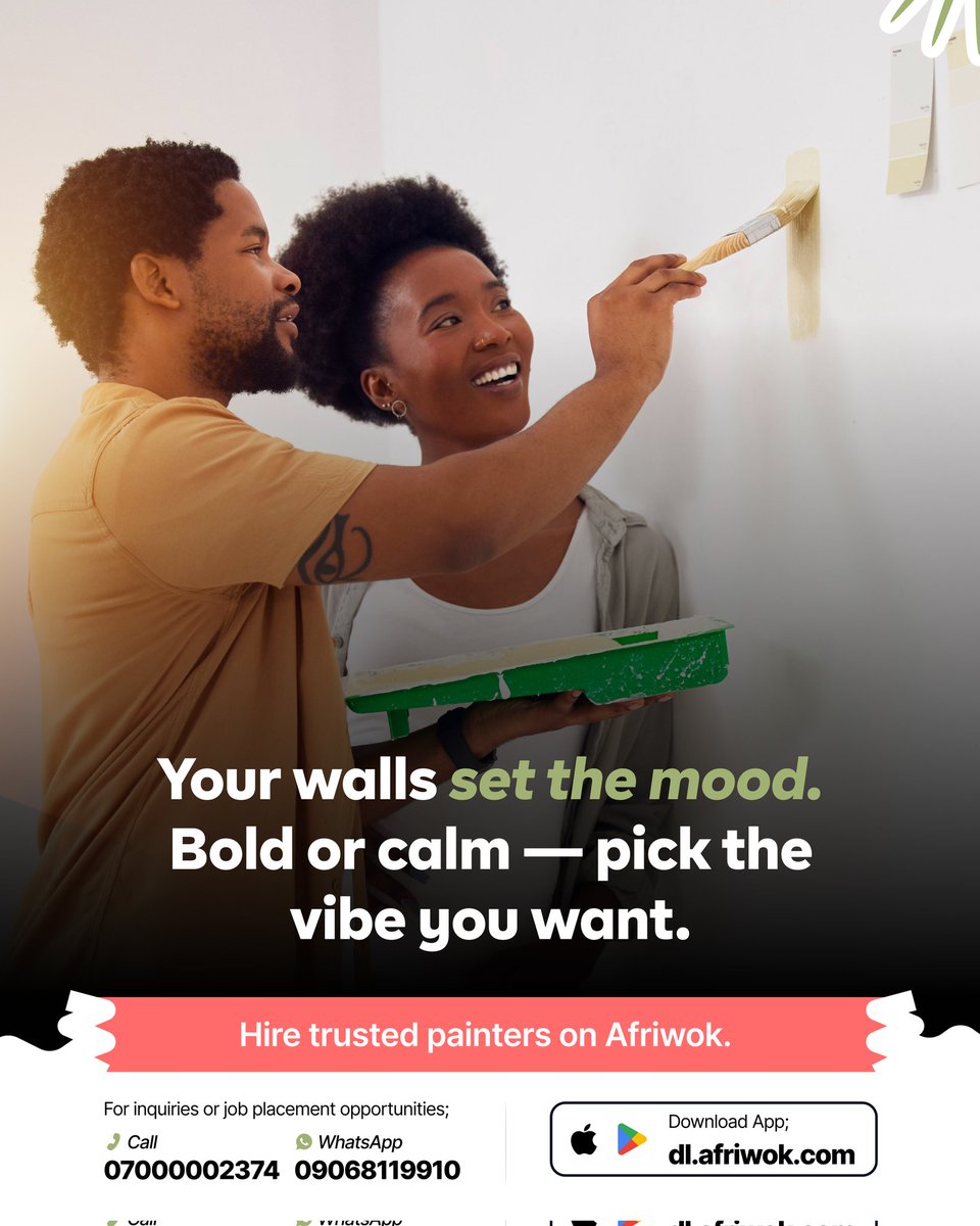 afriwok's tweet photo. The colour of your wall does more than beautify โ it sets the mood. ๐
Happy, calm, anxious, inspired... itโs all in the paint.
From bold reds to calming blues, colour triggers emotions โ even without you knowing
#Afriwok #handymen #artisans #painterinnigeria #PaintersInLagos https://t.co/Z22L1STxcq