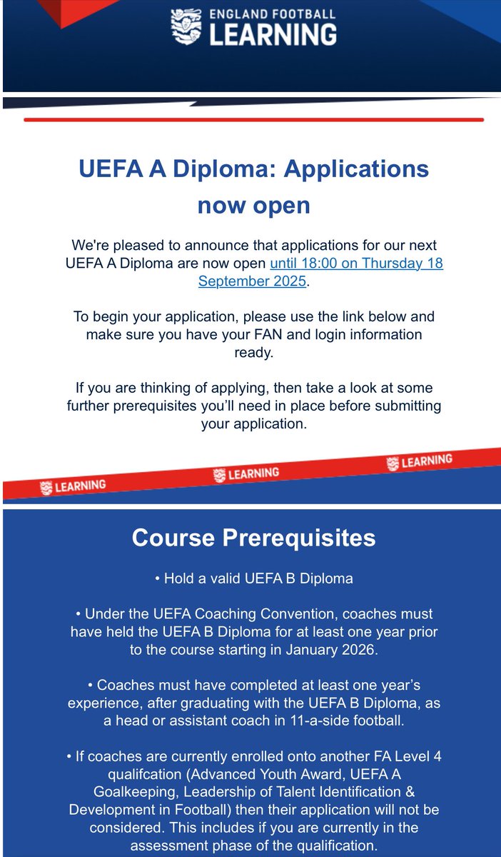 Applications for <a href="/EnglandLearning/">England Football Learning</a> UEFA A Licence are now open 👇🏽