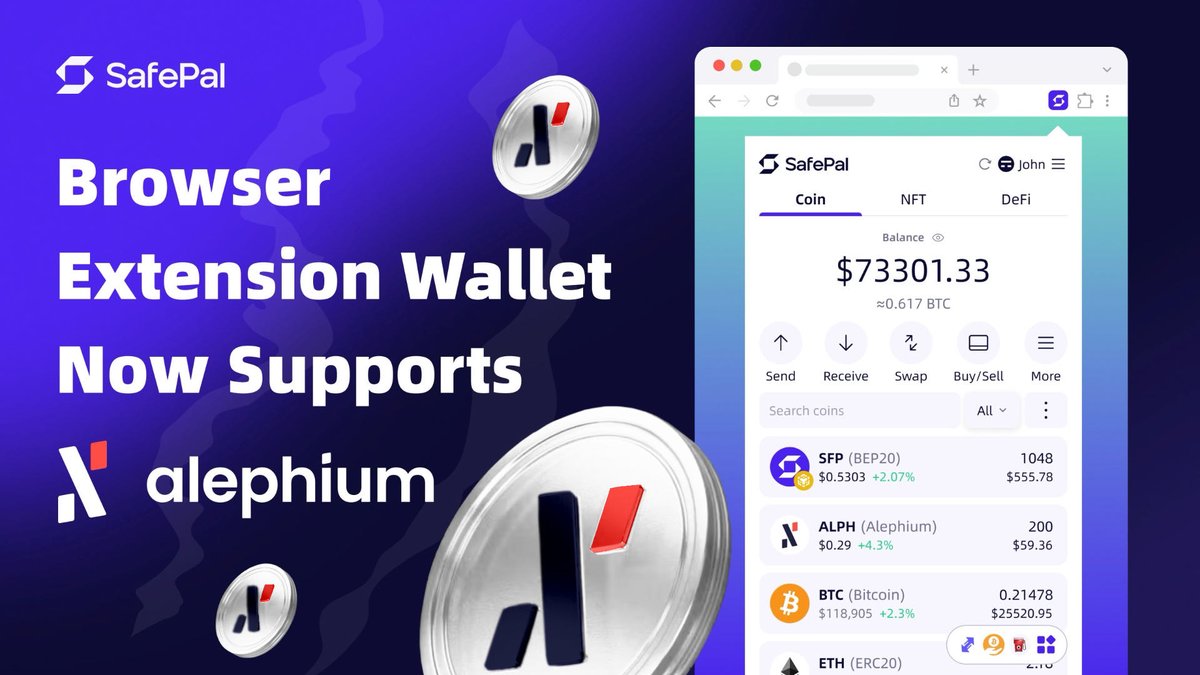 SafePal's tweet image. ⚡ SafePal Extension Wallet now supports @alephium
Send &amp;amp; receive $ALPH across Chrome, Firefox &amp;amp; Edge 🌐💻
Fast. Scalable. Secure.

👉Learn more: safepalsupport.zendesk.com/hc/en-us/artic…
