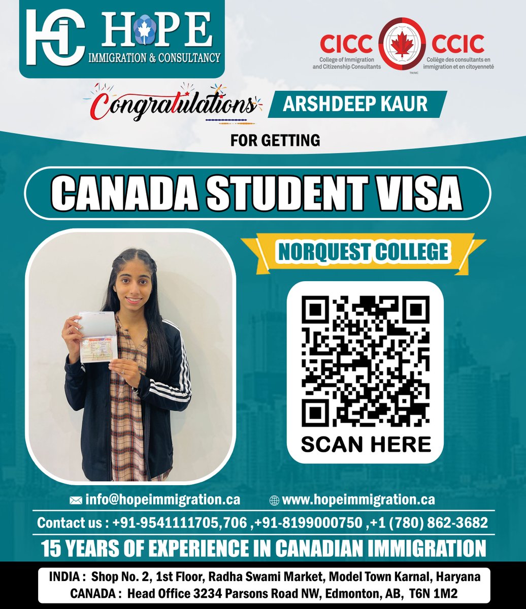 HopeImmigr1771's tweet image. Congratulations Arshdeep Kaur for the Canada Student Visa. We wish her good luck in her future endeavors.

#canadastudentvisa #spousalopenworkpermit #AdministrativeAssistant #canadianjobs #workpermitcanada #CanadaVisa #canadaworkpermit #LMIA #canadastudentvisa #hopeimmigration