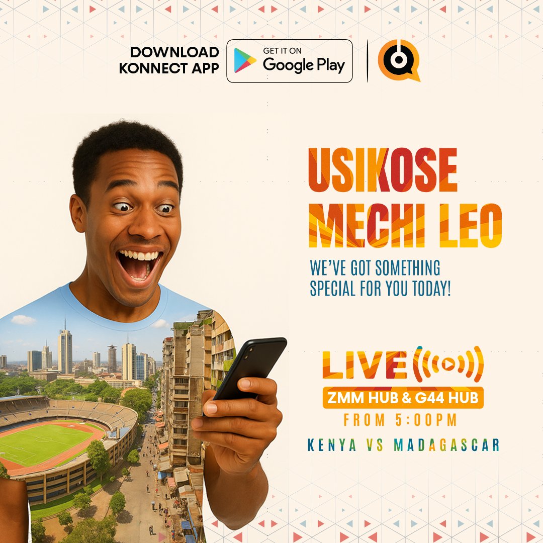 Game Day Vibes at Konnect!  Usikose mechi leo! ⚽ Join us at ZMM Hub and G44 Hub from 5:00PM as Kenya 🆚 Madagascar goes LIVE!  We’ve got the vibes, the screen, and the energy — all that’s missing is YOU. 💥 Don’t just hear about it tomorrow, come be part of the action today. 👉