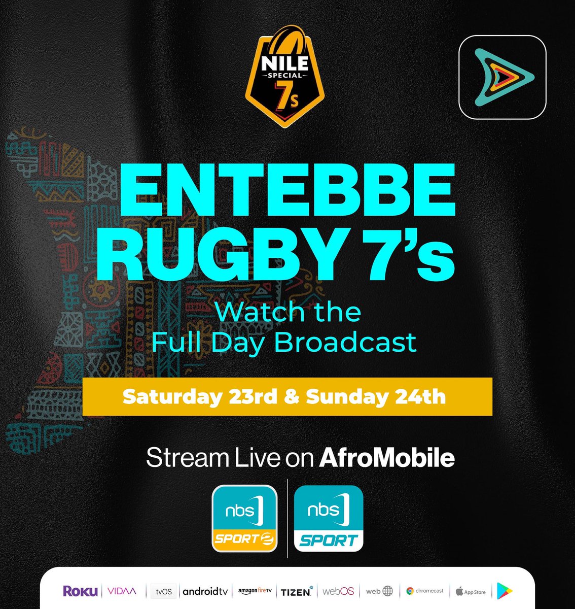 Full-day coverage this Saturday and Sunday for the #Entebbe7s!

Watch <a href="/NBSportUg/">NBS Sport</a> 2 via <a href="/afromobileug/">AfroMobile</a>: afromobile.com/tv/player/2

#NBSportRugby #NBSportTheScrum #NBSportUpdates #AfroMobileUG