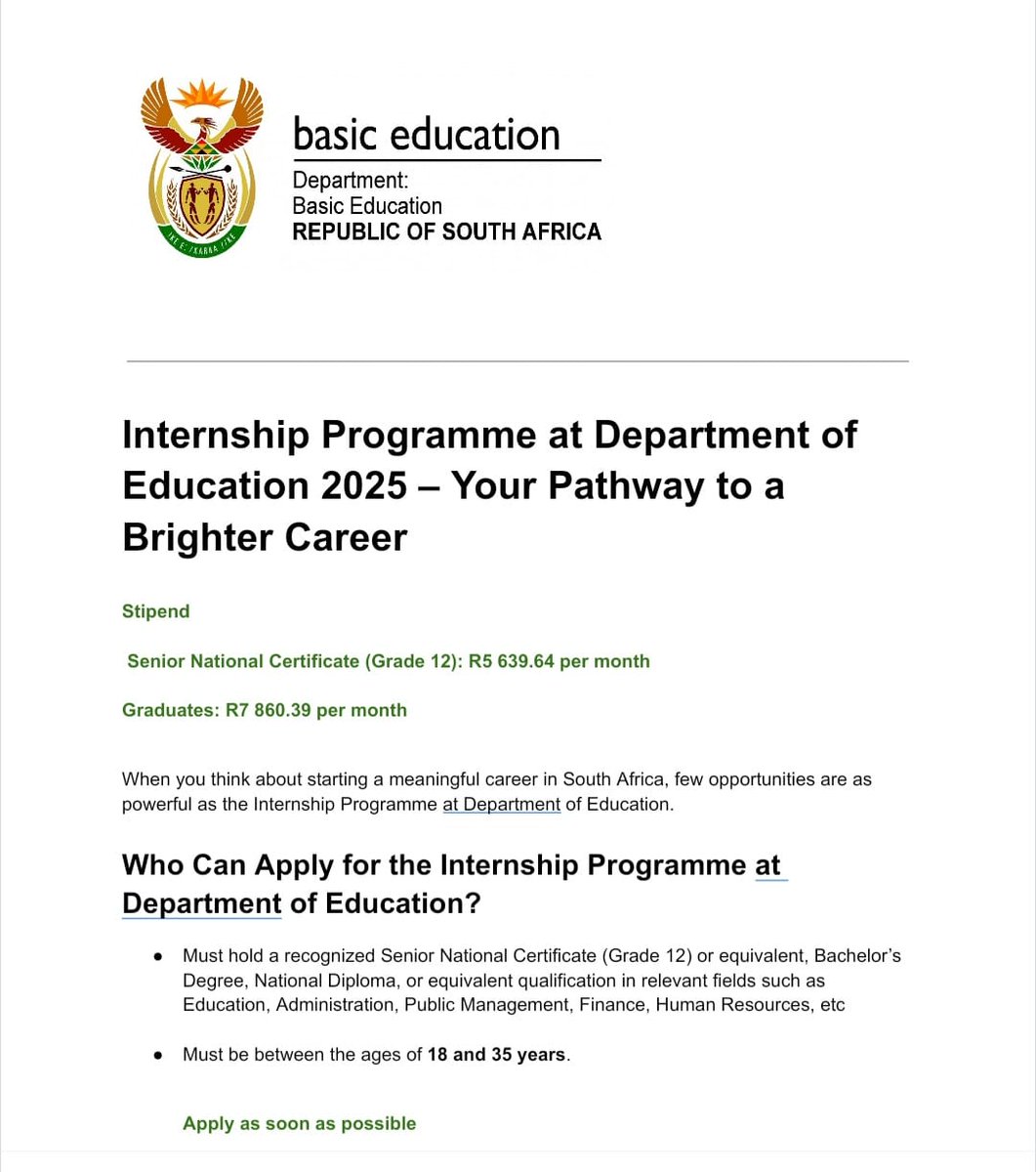 CarolBoitumelo1's tweet photo. Department Of Basic Education | 2025-2028 Internship Programme  

- Graduate Internship: R7 860.39 per month
- National Senior Certificate (Grade 12) or equivalent: R5 639.64 per month

Closing Date:29 August 2025

Apply:https://t.co/HaQ0yySdPh https://t.co/wMdgvClbGE