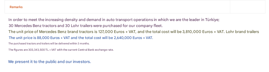 🚛 #RYSAS expands its fleet

The company announced the purchase of 30 Mercedes-Benz trucks and 30 Lohr trailers for a total of €6.45M + VAT (≈303M TL).

Deliveries will be completed within three months, reflecting steady confidence in logistics growth.📈