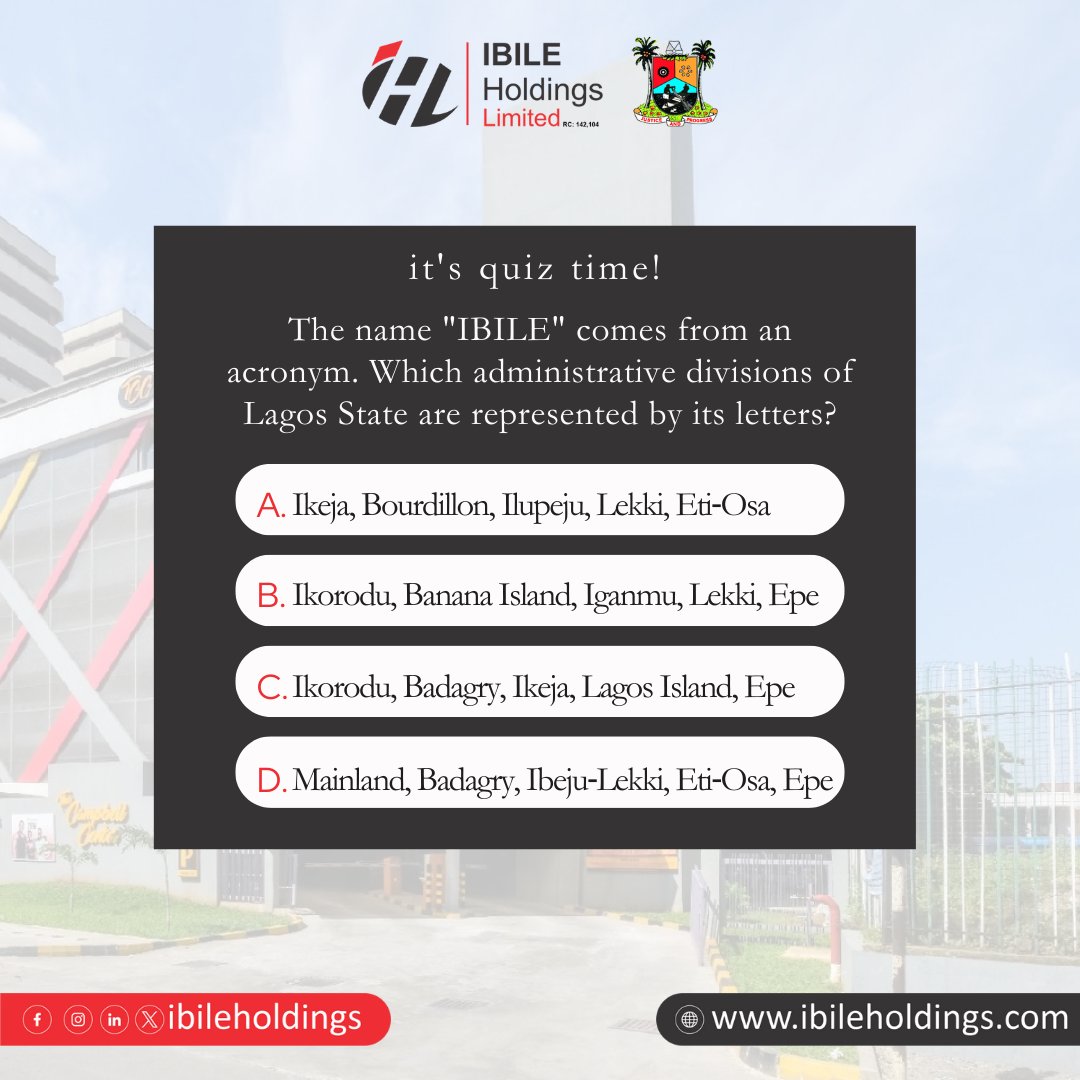 👇 Which one is correct?
🧠 Drop your answer in the comments!
Let’s see who’s truly #IBILEsmart 💡

#IBILEHoldings #LagosState #InvestmentLagos #NaijaBusiness #PublicPrivatePartnership #LagosQuiz #FridayEngagement #EkoForShow #IbileHoldingslimited #ibile2025
