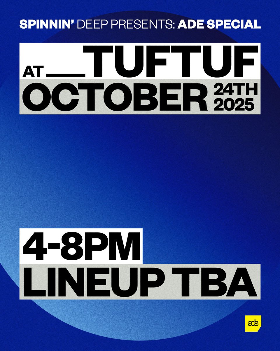 SpinninDeep's tweet image. Spinnin’ Deep returns to @ADE_NL  on Friday, October 24th. From 4PM to 8PM, TufTuf will be the place to experience our signature deep sounds.

The line-up will be announced soon, but tickets are already available through the link in bio.

#SpinninDeep #ADE2025