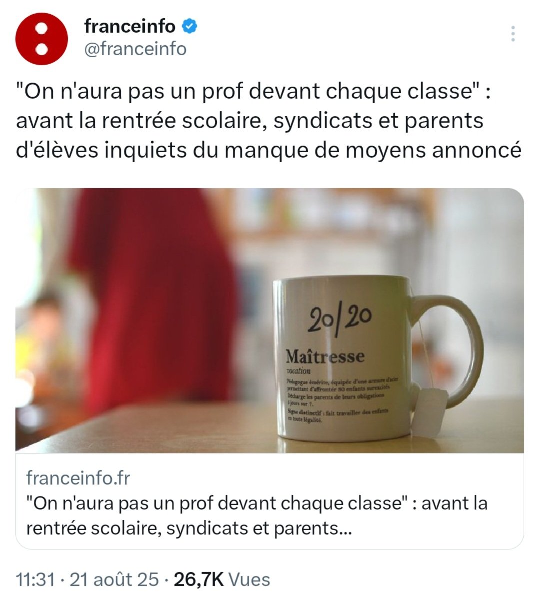Sarah (@sarah41659531) on Twitter photo <a href="/AlertesInfos/">AlertesInfos</a> La rentrée scolaire approche, Gabriel Attal ferait mieux de donner des idées pour que les élèves aient des enseignants. Il avait fait beaucoup de promesses sur <a href="/franceinter/">France Inter</a> quand il était ministre de l'éducation nationale. <a href="/AlertesInfos/">AlertesInfos</a> La rentrée scolaire approche, Gabriel Attal ferait mieux de donner des idées pour que les élèves aient des enseignants. Il avait fait beaucoup de promesses sur <a href="/franceinter/">France Inter</a> quand il était ministre de l'éducation nationale.