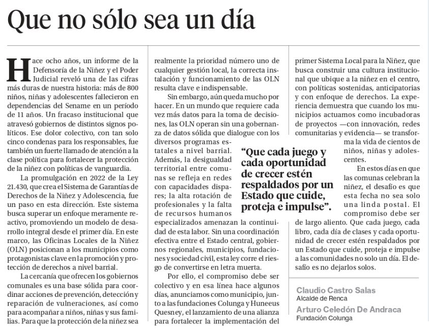 ¡Estamos construyendo nuestro #SistemaLocalDeNiñez de Renca!
Junto a <a href="/fundcolunga/">Fundación Colunga</a> y Huneeus Quesney lanzamos una apuesta por instalar un diseño orgánico, junto a un ecosistema de instituciones, que permita  acompañar de manera efectiva las trayectorias de desarrollo de niños y