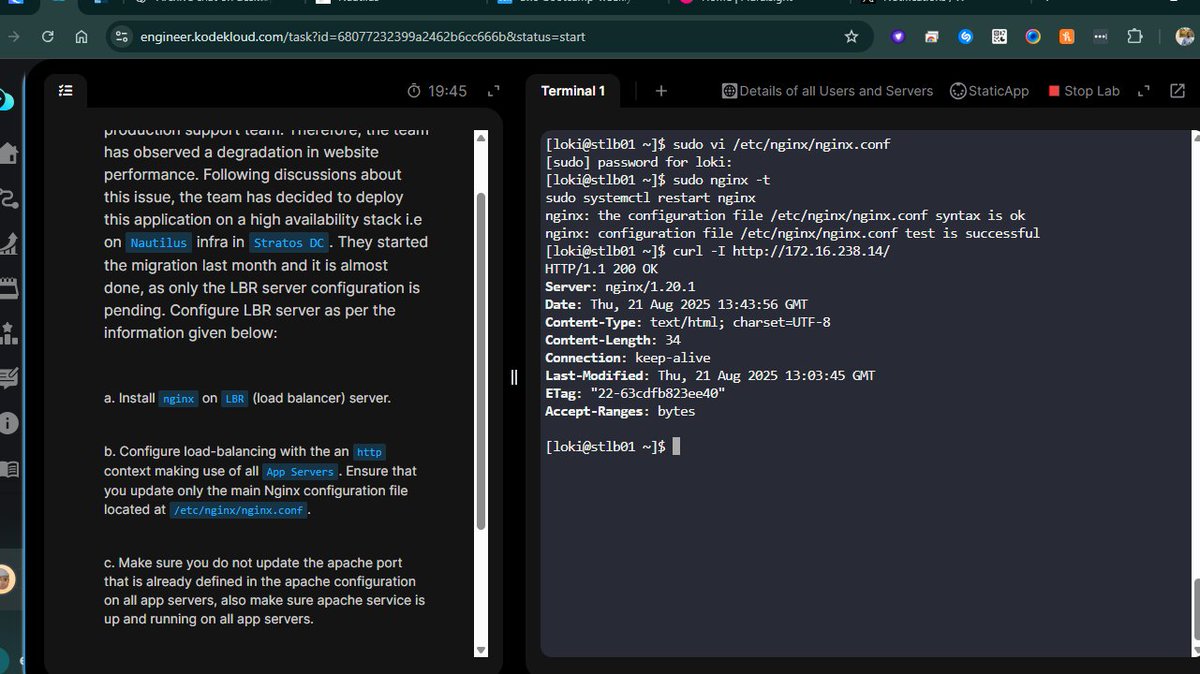 Edmond_Edyfy's tweet image. 100Days of DevOps    
✅Day 16: Install and Configure Nginx as an LBR
@KodeKloudHQ
#100DaysOfDevOps #kodekloudengineer2025 #DevOpsengineer #remotejobs #Linux