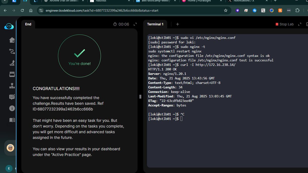 Edmond_Edyfy's tweet image. 100Days of DevOps    
✅Day 16: Install and Configure Nginx as an LBR
@KodeKloudHQ
#100DaysOfDevOps #kodekloudengineer2025 #DevOpsengineer #remotejobs #Linux