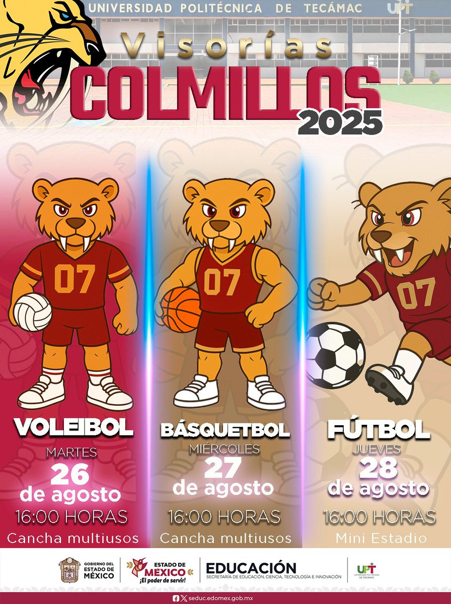 🔥 Visorías Deportivas 2025 🔥
🏈 Fútbol | 🏀 Básquetbol | 🏐 Voleibol
👊 Abierto para estudiantes de nuevo ingreso
🎯 ¡Demuestra tu talento y sé parte de los #COLMILLOS! Pasa la voz.