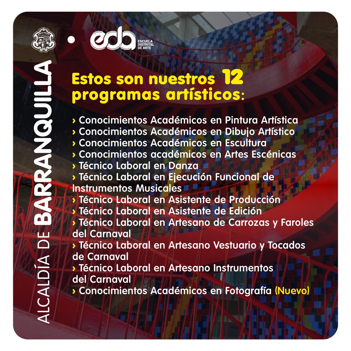 AlejandroChar's tweet photo. ¡La EDA abre sus inscripciones para recibir al talento barranquillero!👏🏼

Hasta el 28 de agosto podrán inscribirse y ser parte de uno de los 12 programas que la Escuela Distrital de Arte tiene para ustedes: danza, música, pintura, artes escénicas y muchos más. ¡Y estamos estrenando el programa de fotografía!

Aquí podrán crear, innovar, aprender y llevar con orgullo el sello cultural de nuestra ciudad. Inscríbanse aquí: https://t.co/5Tnfr10g4u y estén atentos a la confirmación que les llegará por correo.