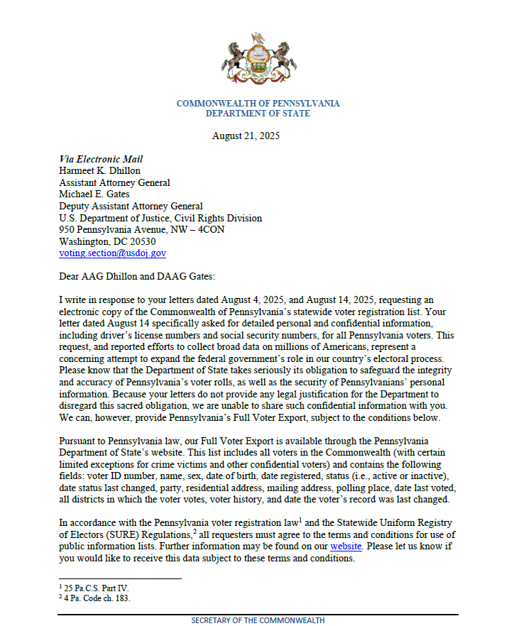 In a letter to the U.S. DOJ, Pennsylvania Secretary of the Commonwealth Al Schmidt said he will not turn over voters' partial social security or driver's license numbers.

Schmidt also directed DOJ to a website where a public list of registered voters can be purchased for $20.
