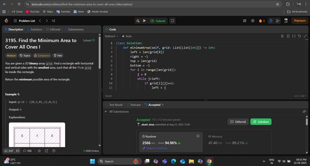 _deep_star's tweet photo. Hello All, I have completed #Day598 of #365DaysofCode Challenge with @scaler_official
Question: Find the Minimum Area to Cover All Ones I
discord link: https://t.co/KZjzYqsRFf
#letsconnect #potd #scalerdiscordcommunity #codewithscaler #365daysofcodescaler #365DaysofCode https://t.co/npoEJ1PS1A