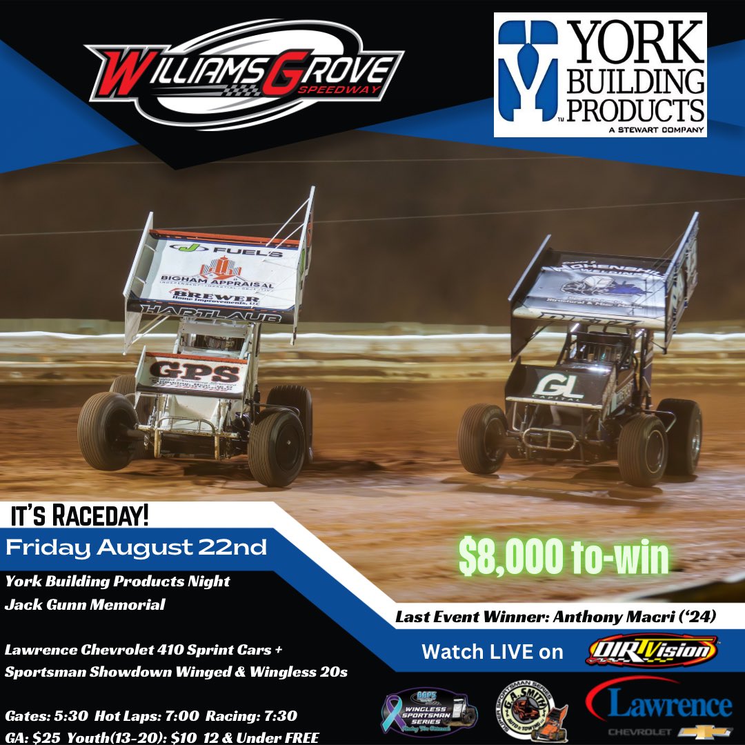 ITS RACEDAY!
It's <a href="/WilliamsGrove/">Williams Grove Speedway</a> 
It's the Winged Series
It's the Wingless Series 
It's the SPORTSMAN SHOWDOWN!!