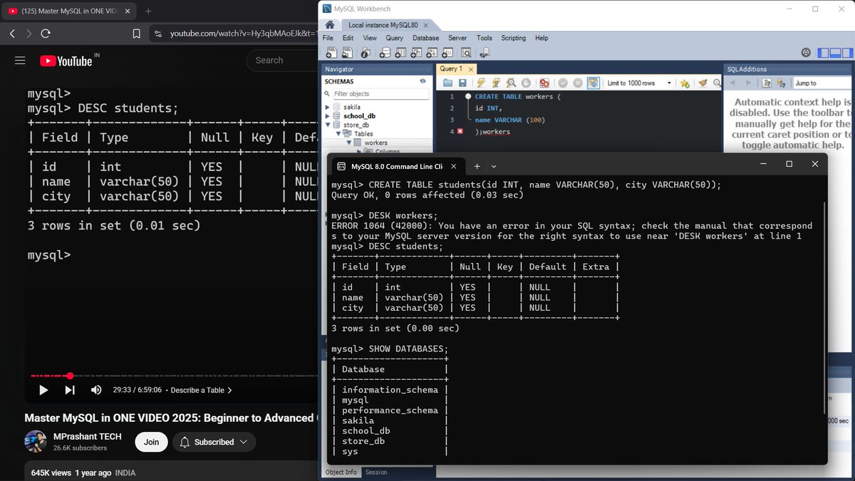 iShiv_twt's tweet photo. →Learning MySQL basics: created tables and used DESC to check structure. Typos teach fast!
#MySQL #sql #Databases #DBMS #RDBMS #LearnInPublic #buildinginpublic https://t.co/Lkzq8wNH6X
