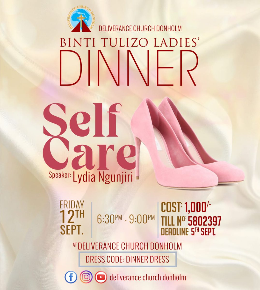 ✨🌸 Ladies, it’s time to refill your cup! 
Join us for an elegant evening of connection, laughter&amp;truth at the Binti Tulizo Ladies’ Dinner.

💵 Cost: 1,000/- (Till No. 5802397 | Before 5th Sept)
📲 Once you’ve made payment, kindly forward the Mpesa text to Mary 0708988247