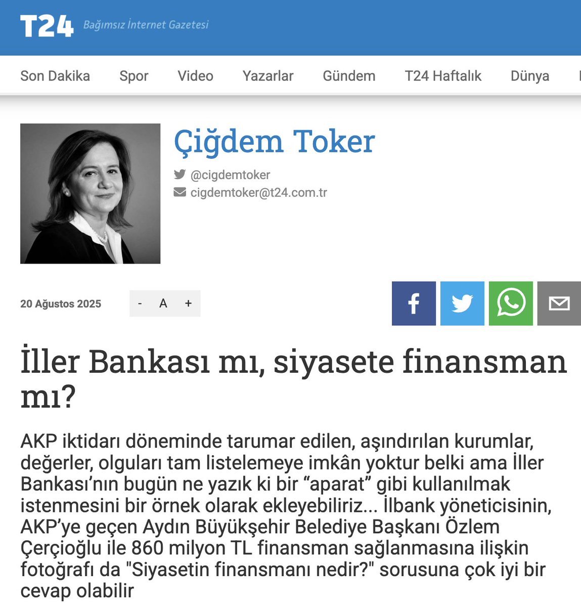 CHP'li gazeteci Çiğdem Toker, 
AK Parti’ye geçen Aydın Büyükşehir’e verilen finansal desteği eleştirmiş, 
"Musluklar bir anda açıldı." demişti.

İlbank Genel Müdürü’nün paylaştığı veriler sonrası Çiğdem Hanım düzeltme yazısı paylaşmak zorunda kaldı.

Desteğin 2 yıldır devam eden