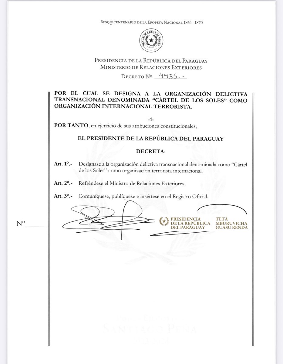 DIFUNDELOYA's tweet photo. 🚨 ¡ÚLTIMA HORA VENEZUELA! 🚨🇻🇪

Paraguay designa al Cártel de los Soles de Nicolas Maduro como organización terrorista internacional.

El presidente Santiago Peña acaba de firmar el decreto.
¡YA ES OFICIAL! https://t.co/qatUskiLLl