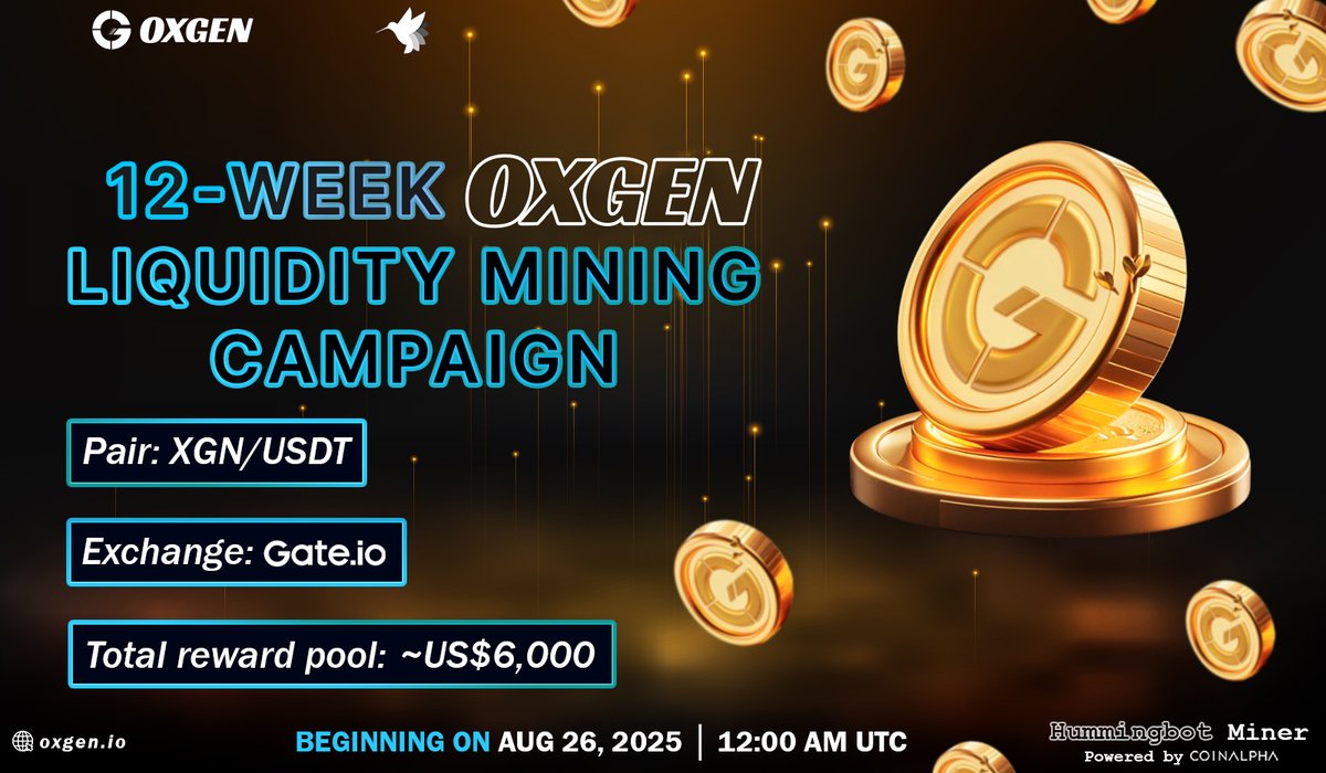 _hummingbot's tweet photo. [Miner] 🆕Welcome @0xgen_io to Miner!  
We’re thrilled to announce a 12-week Liquidity Mining Campaign for $XGN/USDT on @Gate.
The total reward pool is US$6,000 💰

Join in on August 26, 2025 at 00:00 UTC and start earning rewards!
Learn more 👉 https://t.co/3gXfKc0dAp.