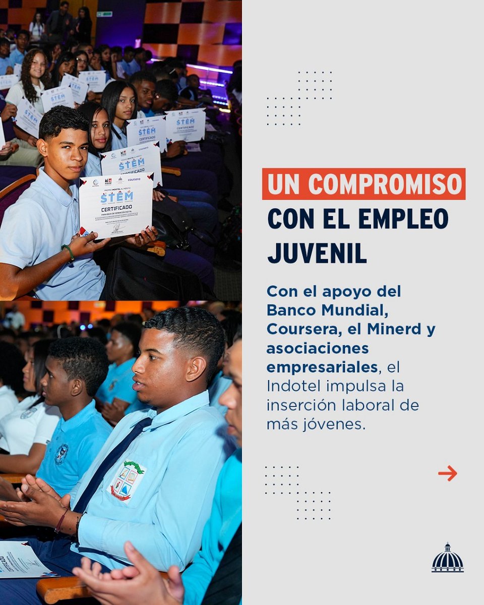 El <a href="/IndotelRD/">Instituto Dominicano de las Telecomunicaciones</a>, con el Banco Mundial, Coursera, el Minerd y empresas aliadas, apuesta al talento joven entregando 500 becas en áreas clave como programación, inteligencia artificial, ciberseguridad y robótica, impulsando la innovación en el país.