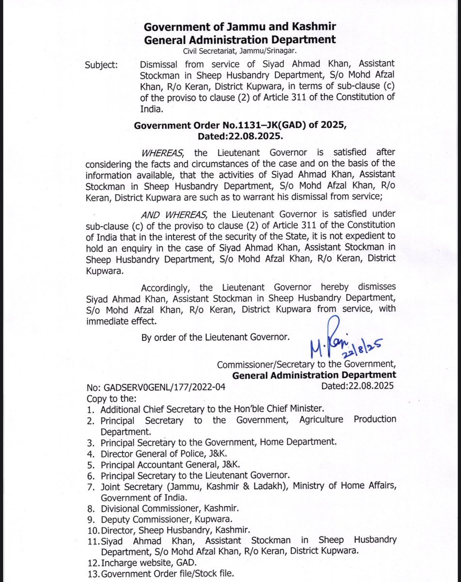 Nigam64985Nigam's tweet image. J&K Govt Employees Sacked for Terror Links
LG Manoj Sinha dismissed 2 officials over Lashkar links:
Khurshid Ahmed, Teacher (Kupwara)
Siyad Ahmad Khan, Stockman (Sheep Dept, Kupwara)
 “No place for terror sympathizers in India.”
#JammuAndKashmir #TerrorCrackdown #Lashkar