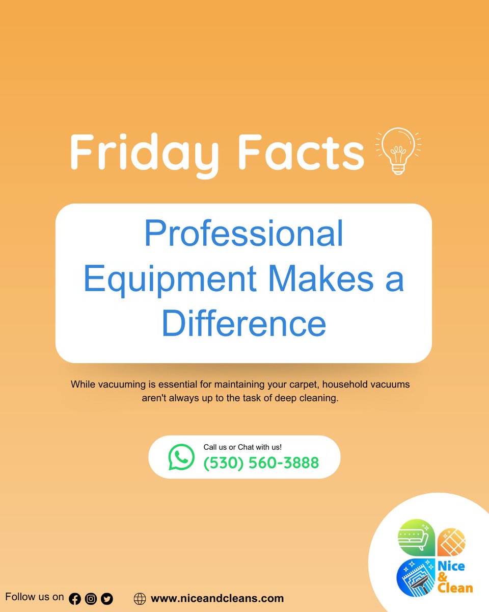 While vacuuming is essential for maintaining your carpet, household vacuums aren't always up to the task of deep #cleaning.

Call us or Chat with us on Whatsapp: (530) 560-3888 | (415) 941-8921
Visit: niceandcleans.com

#sanfrancisco #FridayVibes