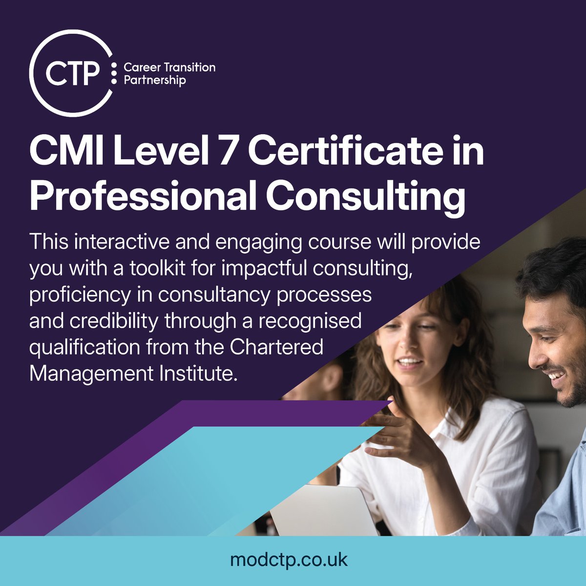 We're delighted to offer a valuable opportunity for you to effectively transition their military leadership and strategic planning skills into the civilian consulting sector, with our new CMI Level 7 Certificate in Professional Consulting.

Info 👉 hubs.la/Q03D_hwC0