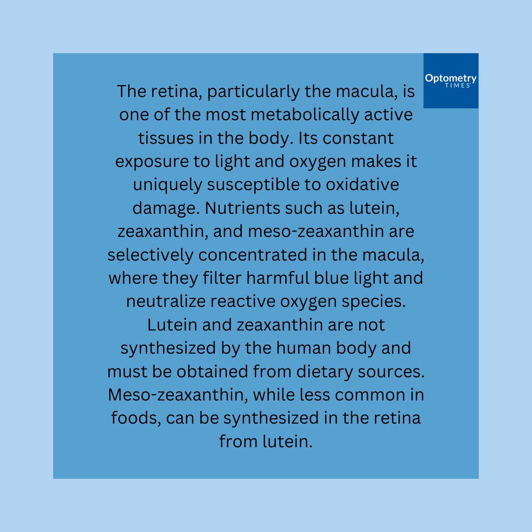 "The retina, particularly the macula, is one of the most metabolically active tissues in the body. Its constant exposure to light and oxygen makes it uniquely susceptible to oxidative damage," writes Paula R. Newsome, OD, MS, FAAO, FAARM, CHC.

Read more: hubs.li/Q03F12fQ0