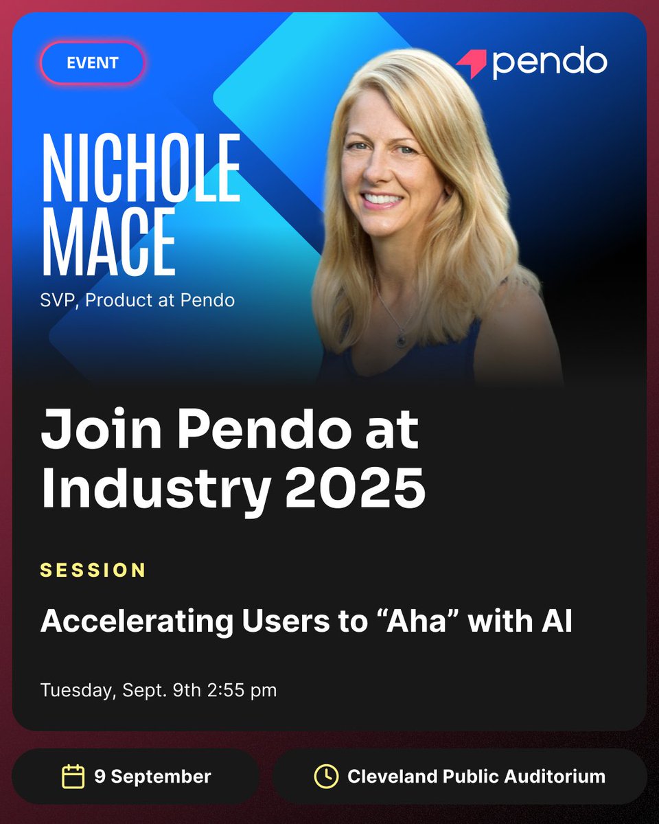 Hey product people! We’re headed to INDUSTRY: The Product Conference in Cleveland! Stop by Booth B5 + catch Pendo’s SVP Nichole Mace on Sept 9 as she shares how to reduce time-to-value with intelligent product experiences. Use code PendoC100 for $100 off! industryconference.com