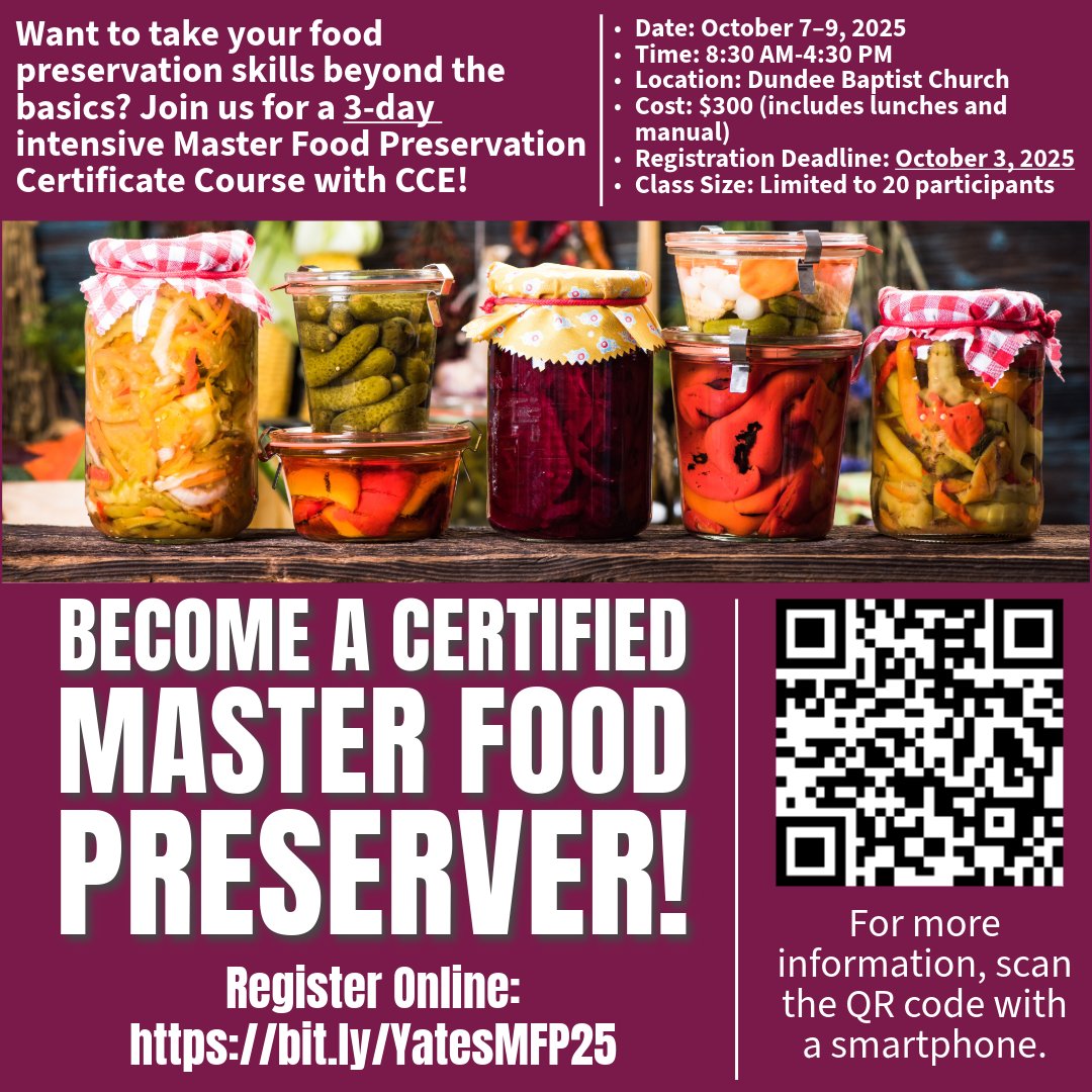 🍓 Become a Master Food Preserver!
3-day certificate course Oct 7–9 in Dundee, NY. Hands-on training in safe canning, pickling &amp; more. Space limited! Register by Oct 3: reg.cce.cornell.edu/YatesMFP_257