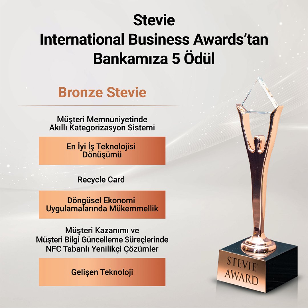 Yenilikçi ürün ve hizmetlerimizle Stevie International Business Awards 2025'te 2 silver, 3 bronz olmak üzere toplam 5 ödülün sahibi olduk. #DaimaSeninle
